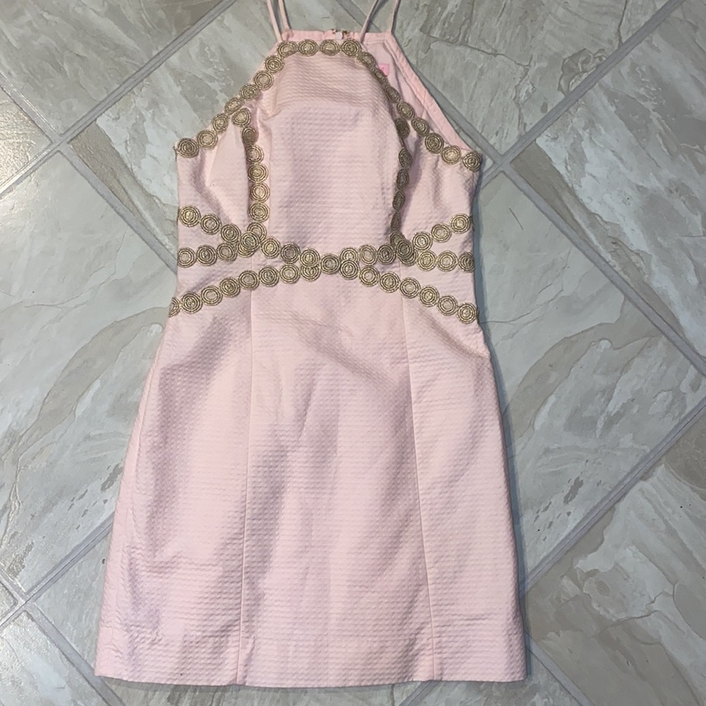 Pearl Shift Dress Paradise Tint Pink Halter Gold Lace - Picture 2 of 7